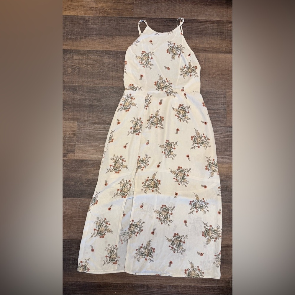 Cream Floral Flowy Back Tie Long Dress Bridesmaid Fairy Cottagecore Boho Size L